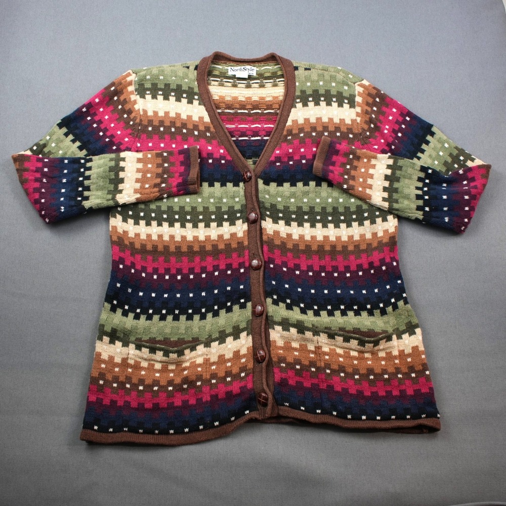 Vintage NorthStyle Geometric Knit Cardigan Sweater M Buttons Pockets Ramie Blend - Picture 2 of 10